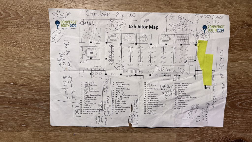 Rhonda's exhibitor map of the Converge Conference she started to use to take notes on fuel needs.
